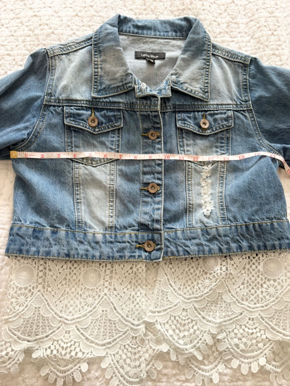 Leo & Viola Denim Jacket Distressed with Lace Crochet Details Bell Sleeve - Picture 6 of 8